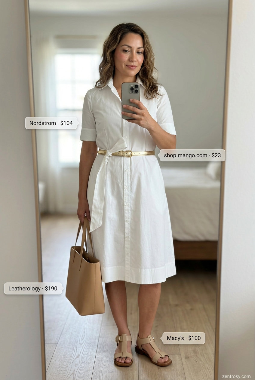 Summer outfits for women with Pear Shape 2026: White shirtdress with tan accessories for a classic casual office look.