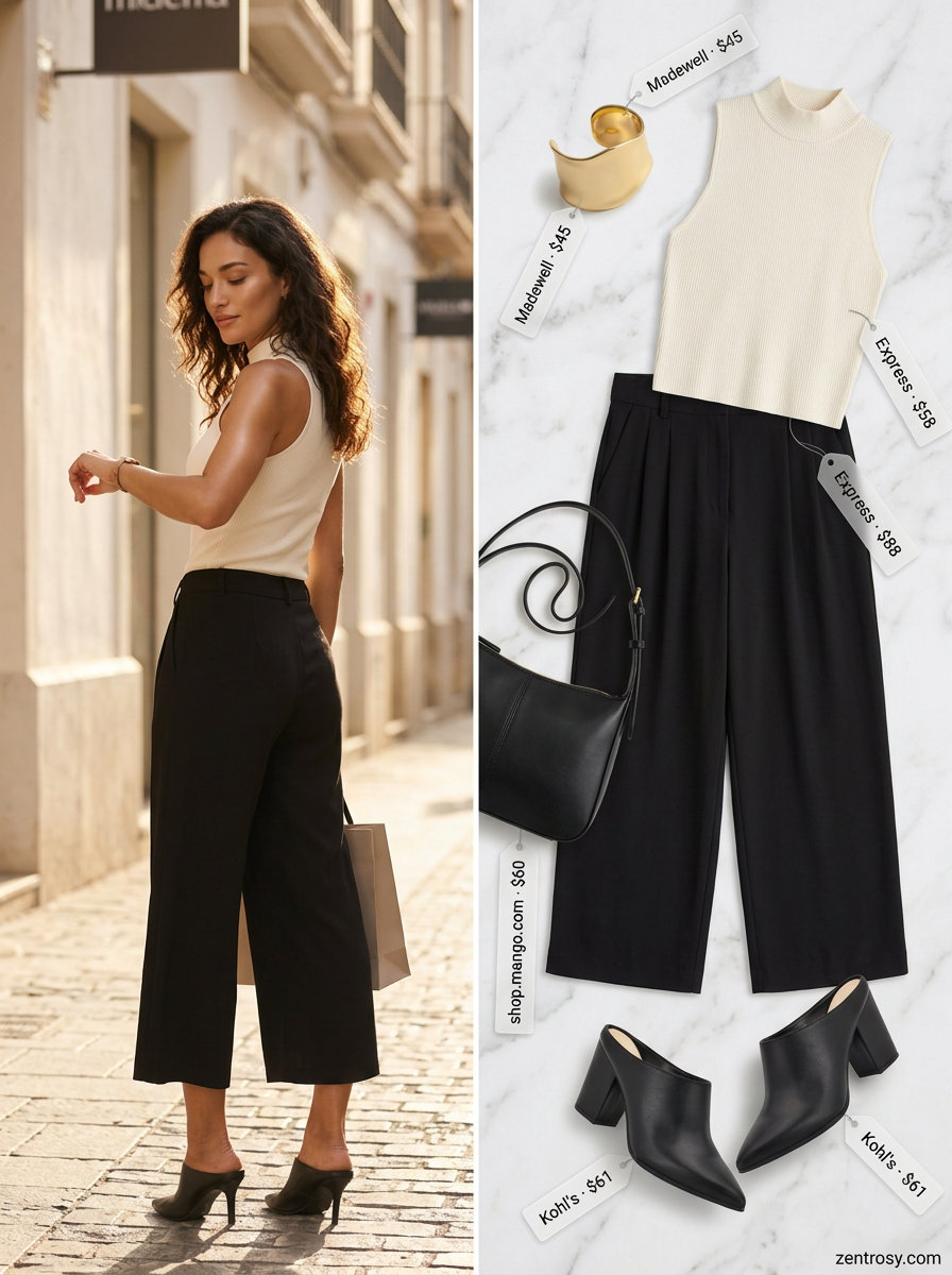 Black wide-leg cropped trousers for summer outfits for women with pear shape 2026. Smart casual office or dinner outfit.