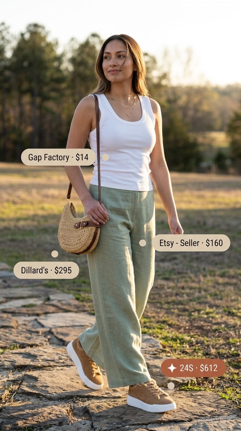 Coastal Summer Pants and Sneakers Outfits 2026 Sage green linen pants, cream tank, and tan straw bag with sneakers for coastal outfits 2026.
