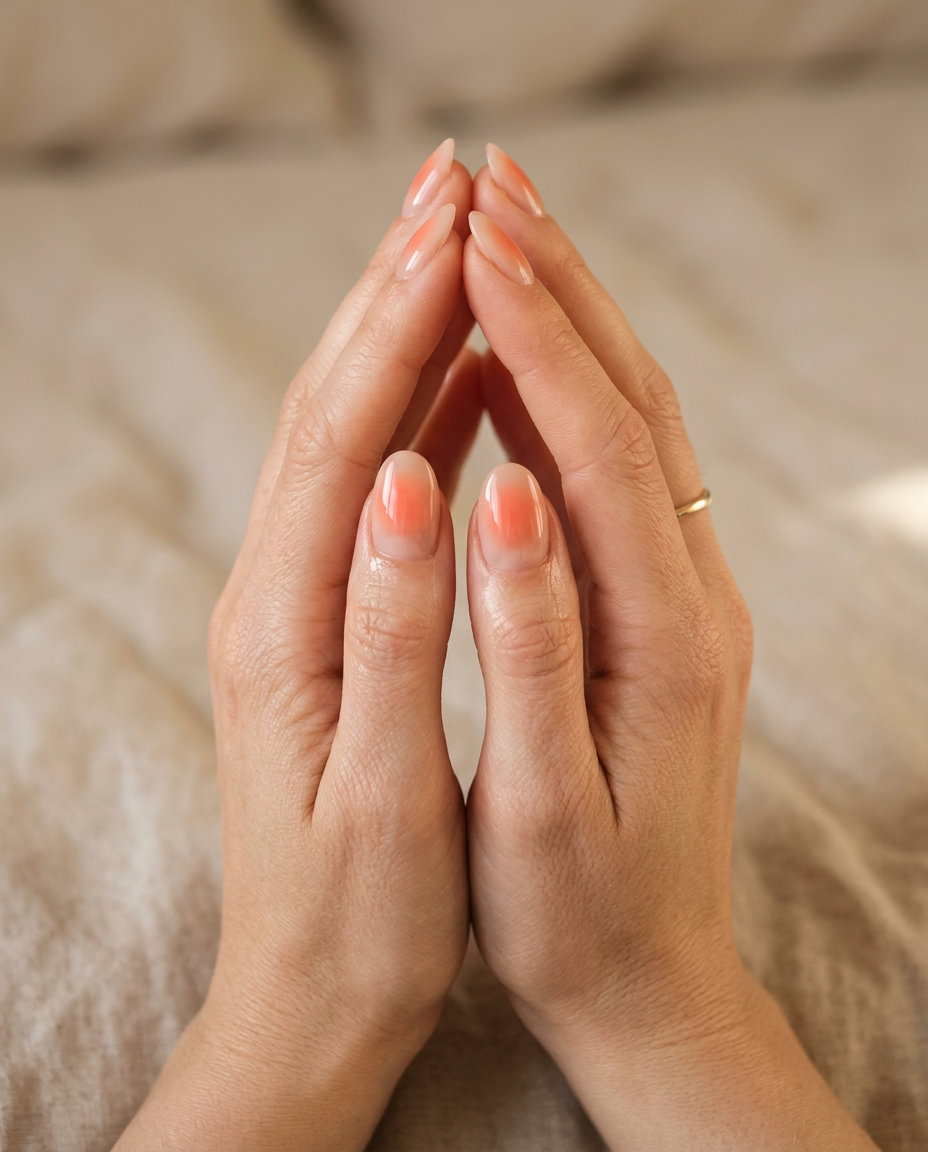 Summer Peach Nails 2026: Aura Gradient Summer peach nails 2026: Vibrant coral peach aura gradient oval for festivals and casual gatherings.