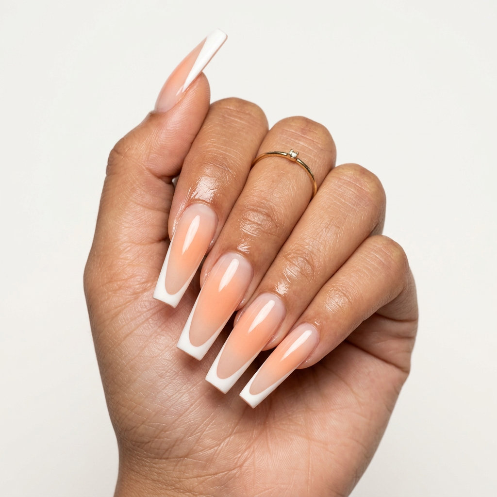 Summer Peach Nails 2026: Aura Reverse French Glamorous Peach Aura Reverse French Coffin nails for summer 2026. Evening event style.