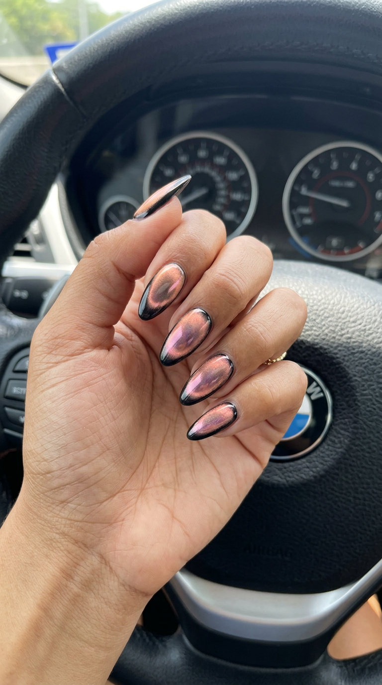 Summer Peach Nails 2026: Chrome Cat-Eye Glam Edgy Peach Chrome Cat-Eye Lipstick Edge nails for summer 2026. Futuristic glam.