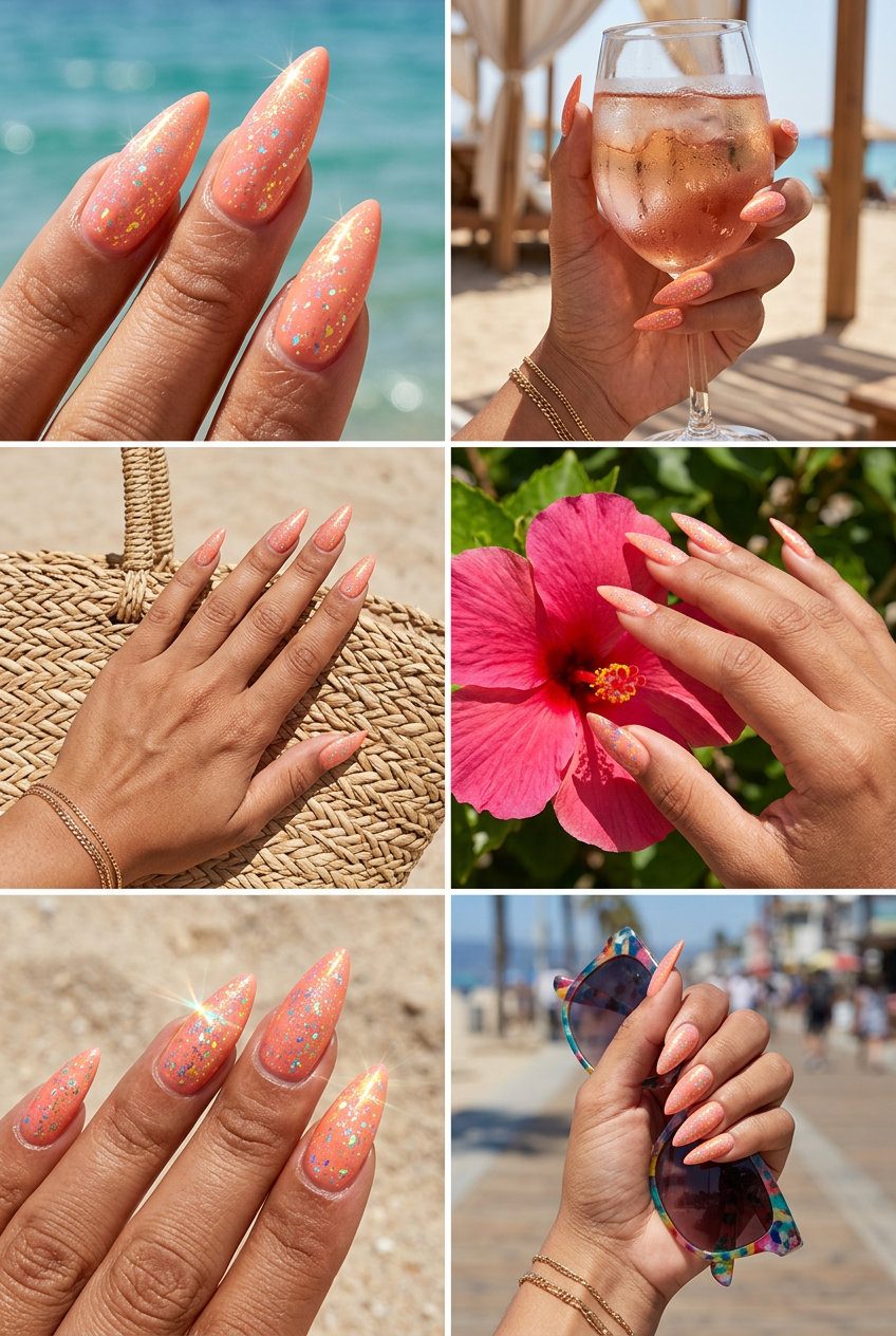 Coral Peach Holographic Flake Nails 2026 Dazzling coral peach nails with holographic flakes for festivals, summer peach nails 2026.
