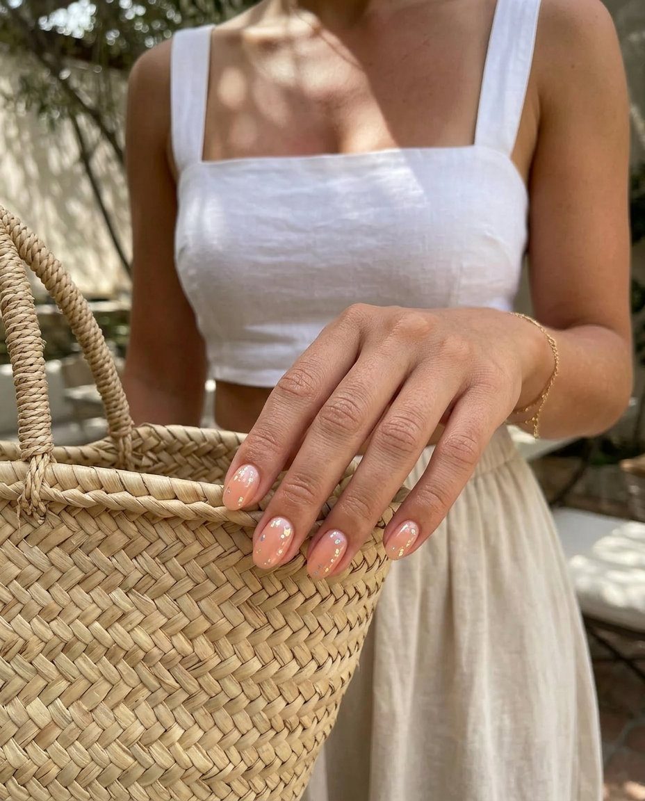 Summer Peach Nails 2026: Foil Flakes Ethereal Ethereal Sheer Peach with Foil Flakes nails for summer 2026. Bohemian beach style.