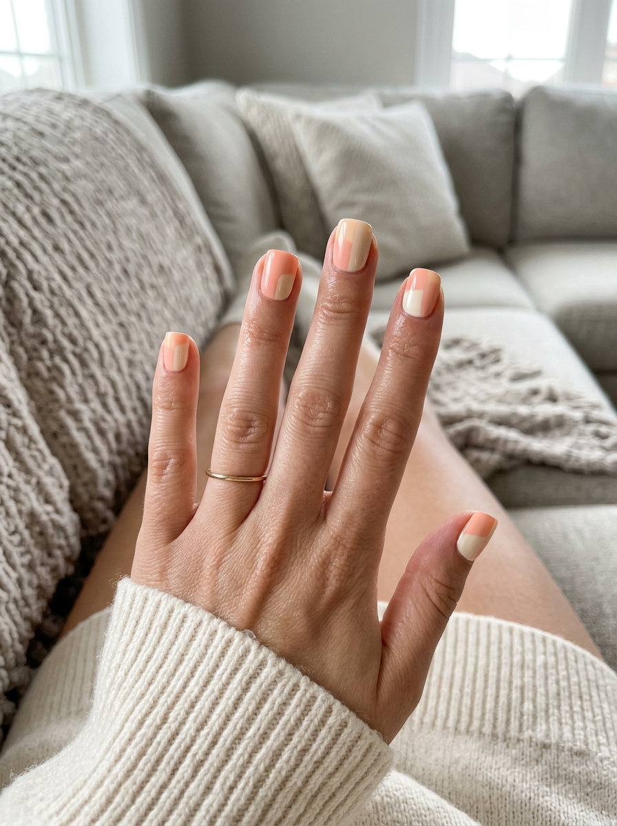 Modern Peach Geometric Nails 2026 Modern peach and nude geometric color block nails for daily wear, summer peach nails 2026.