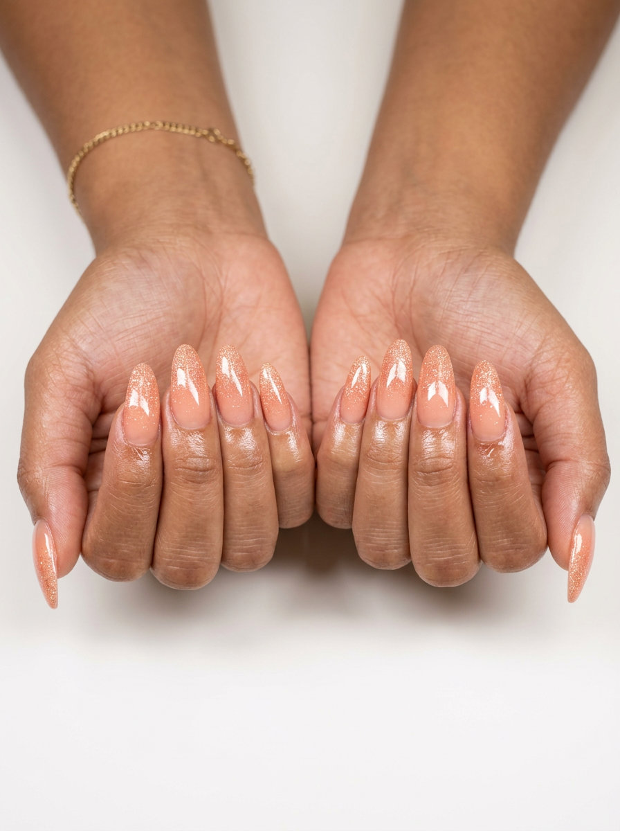 Summer Peach Nails 2026: Glitter Ombre Almond Whimsical Peach Glitter Ombre Almond nails for summer 2026. Festive party style.