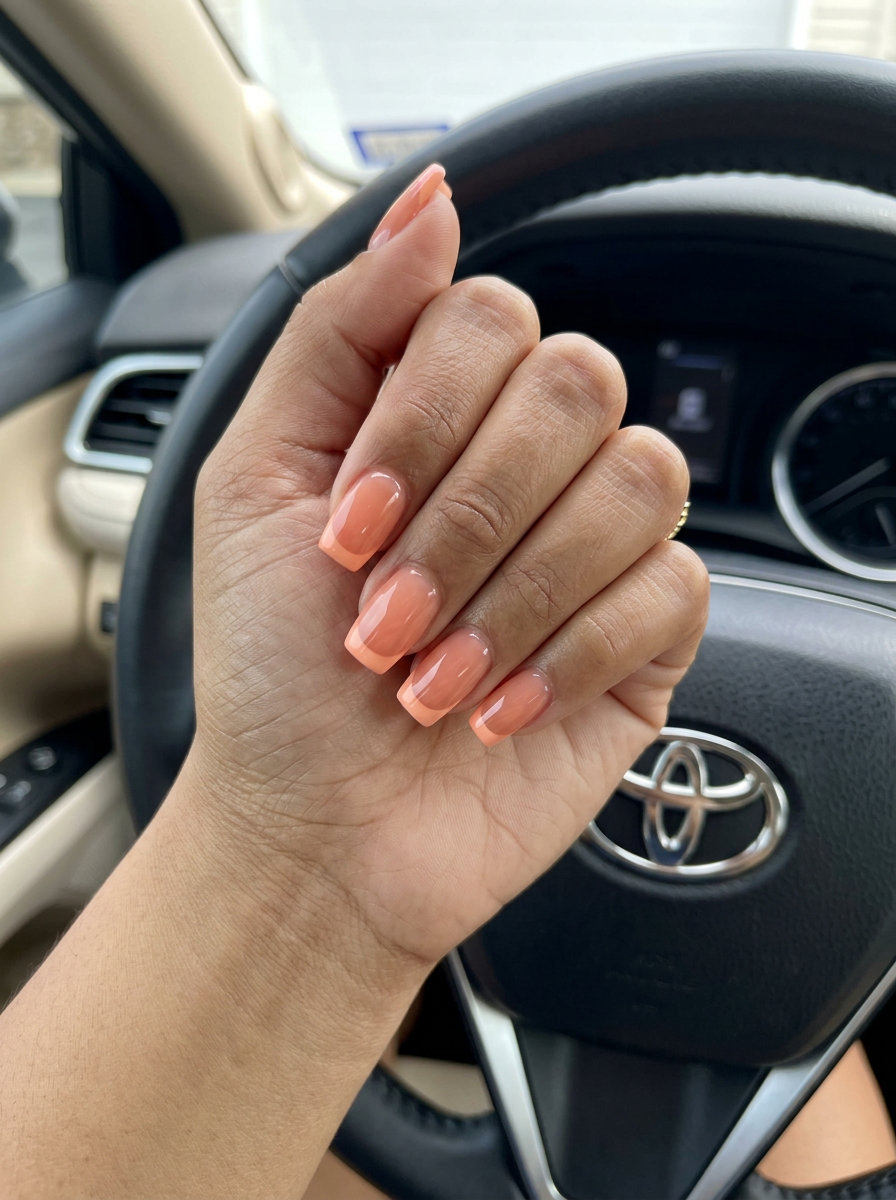 Summer Peach Nails 2026: Jelly French Tip Chic Peach Jelly French Tip Square Chic nails for summer 2026. Sheer peach with opaque tips.
