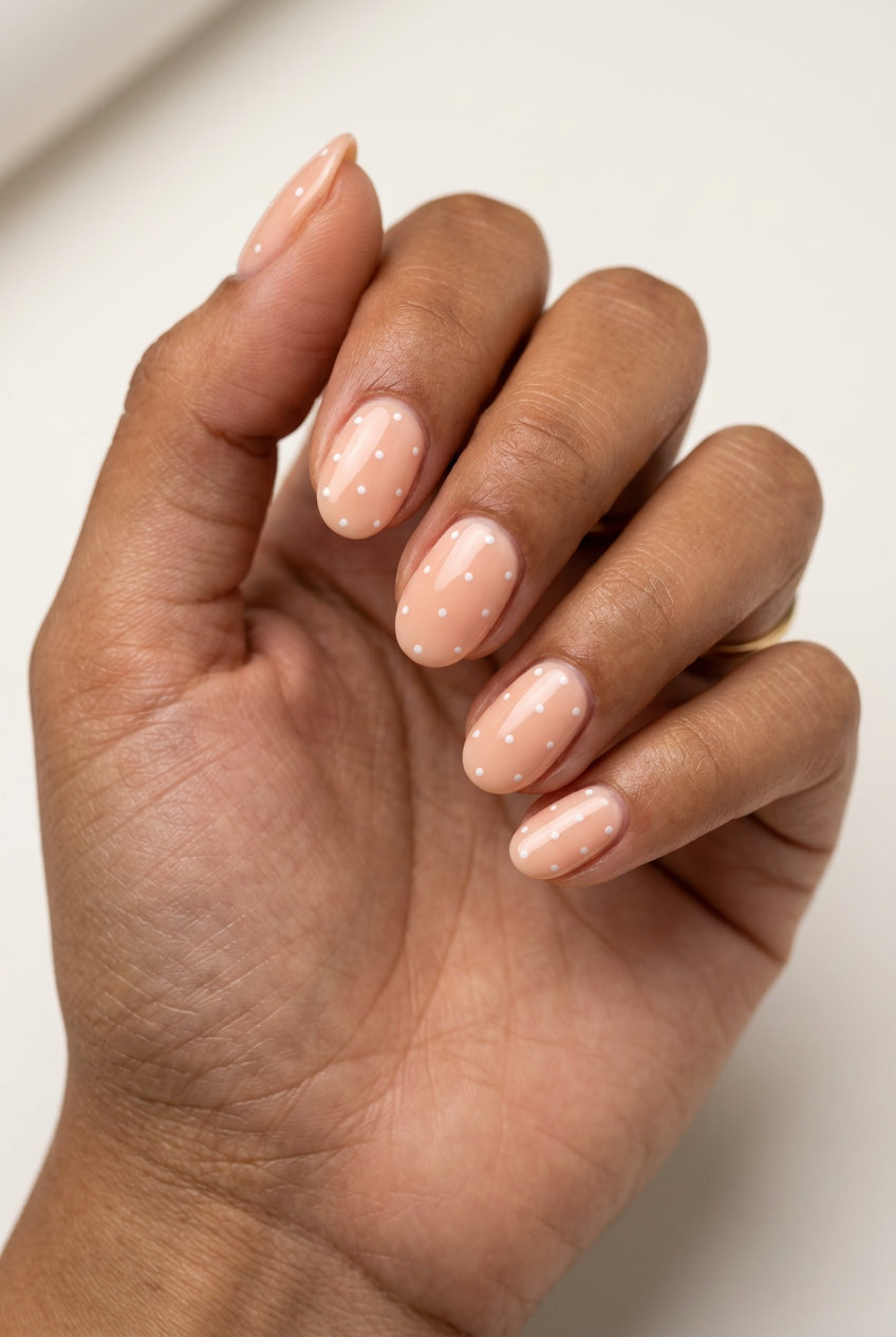 Milky Peach Dots Oval Nails 2026 Minimalist milky peach dots on oval nails for casual outings, summer peach nails 2026.