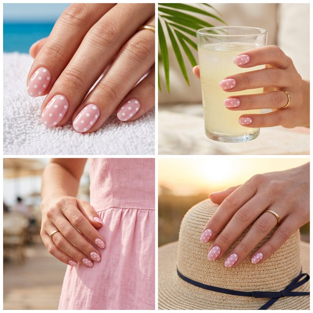 Milky Peach Polka Dot Nails 2026 Playful milky peach polka dot nails for weekend brunch, summer peach nails 2026.