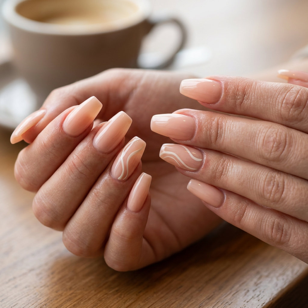 Milky Peach Swirl Coffin Nails 2026 Elegant milky peach swirls on coffin nails for formal events, summer peach nails 2026.