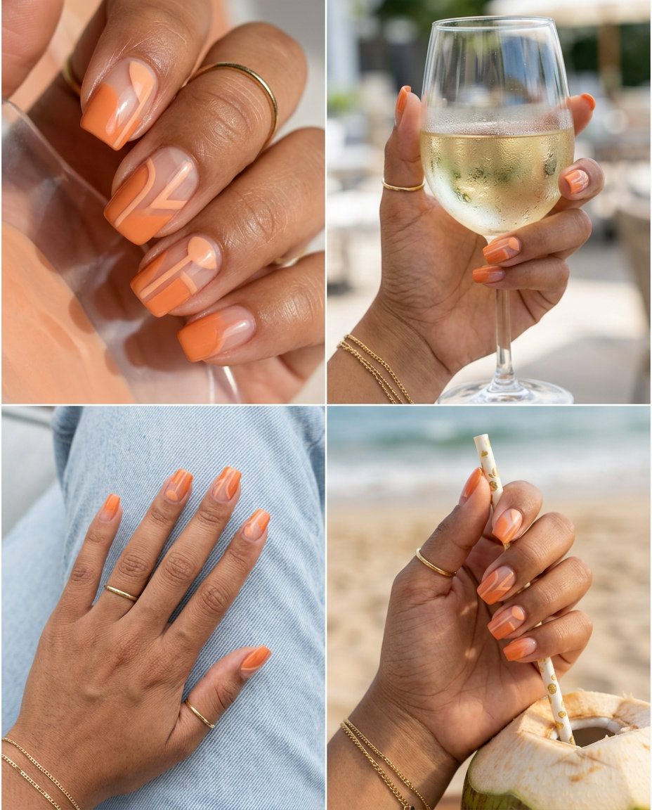 Summer Peach Nails 2026: Minimalist Lines Summer peach nails 2026: Minimalist peach negative space lines for casual daily wear and artistic events.