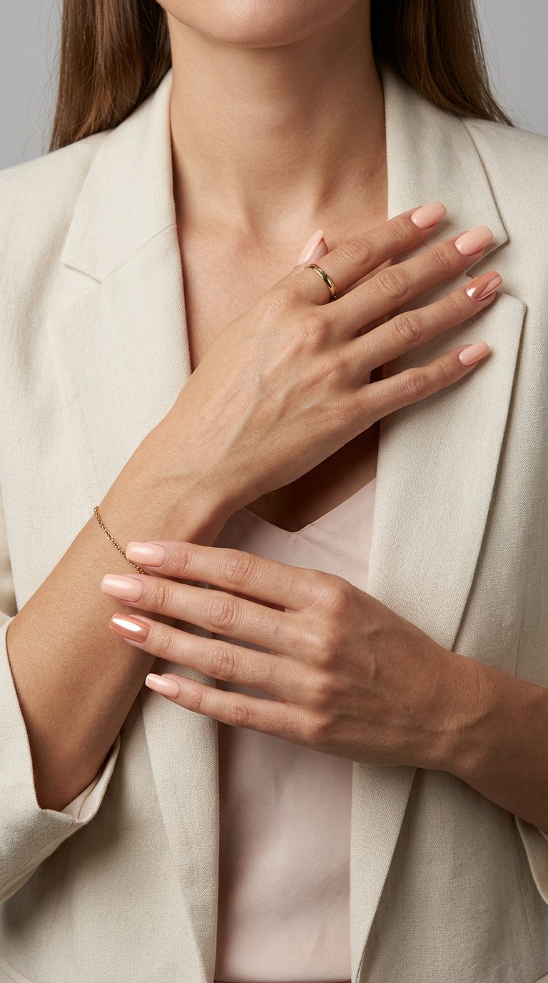 Peach Chrome Accent Square Nails 2026 Modern peach chrome accent on square nails for casual chic, summer peach nails 2026.