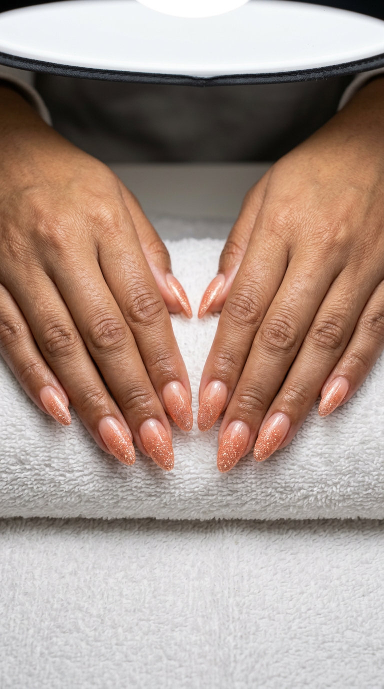 Peach Glitter Fade Almond Nails 2026 Glamorous peach glitter fade on almond nails for parties, summer peach nails 2026.