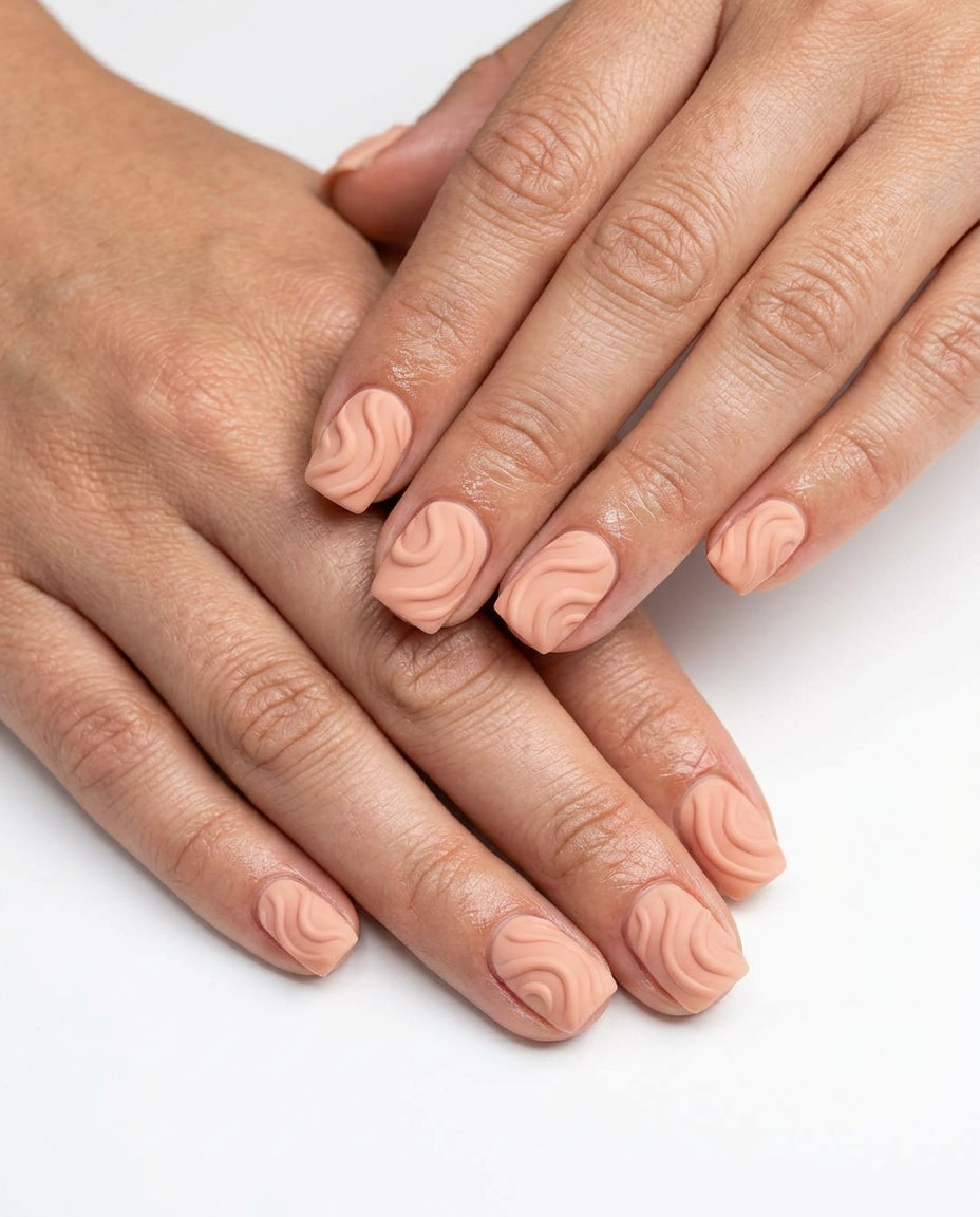 Summer Peach Nails 2026: Textured Swirls Art Artistic Textured Peach Swirls nails for summer 2026. Bohemian casual style.