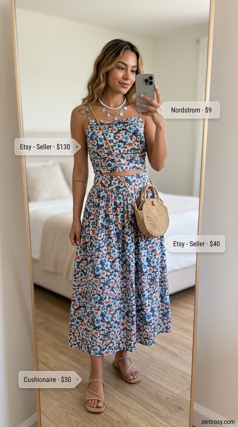 Cornflower blue floral matching set for women, perfect for bohemian garden parties and vacation dinners in 2026.