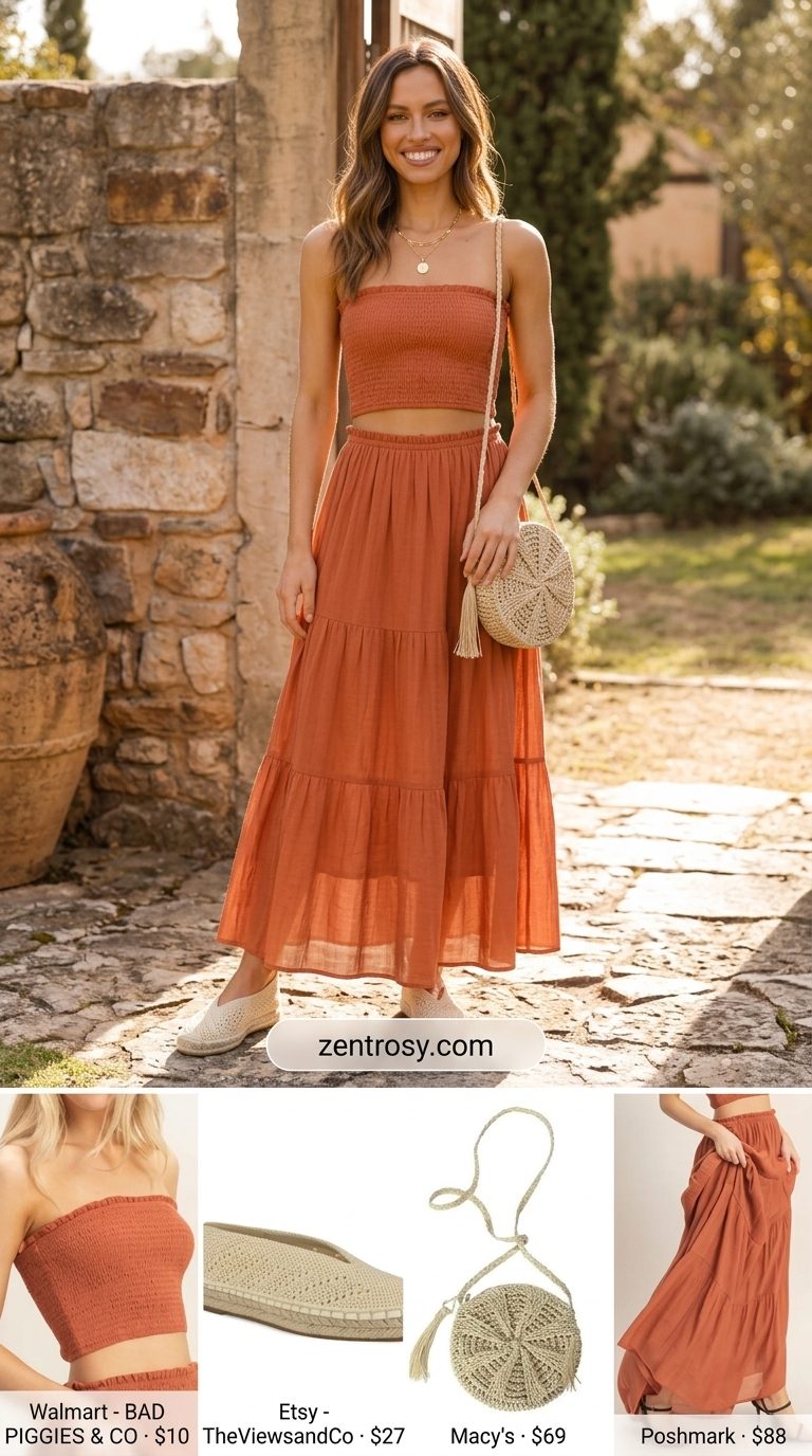 Bohemian terracotta orange cotton gauze smocked tube top and tiered maxi skirt summer set outfits for women 2026.
