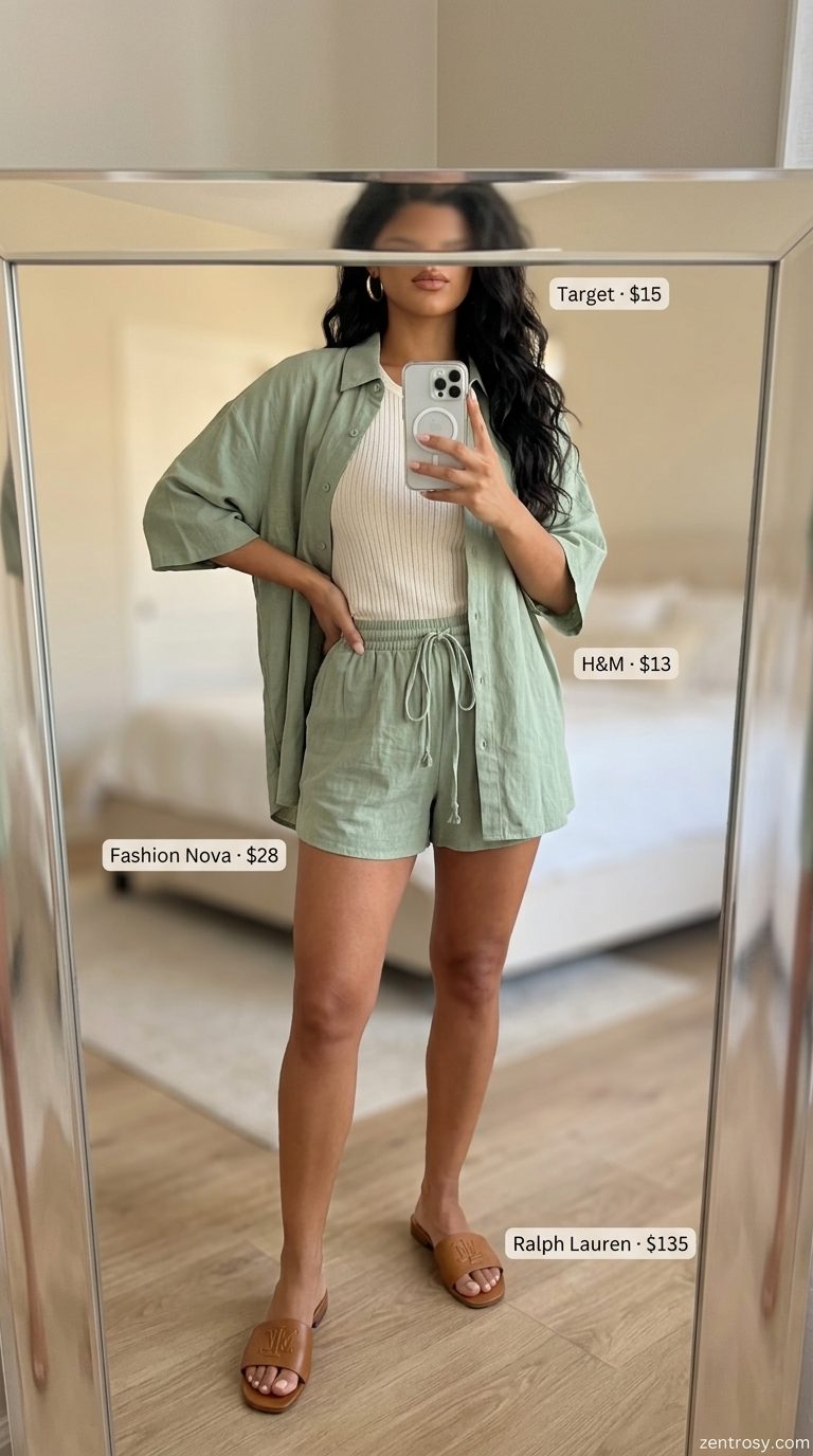 Sage green linen blend matching set for women 2026, perfect for brunch or vacation lunch. Breezy and relaxed outfit.