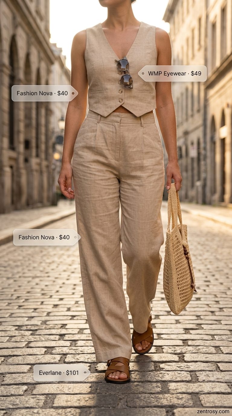 Cream linen blend matching set for women 2026, perfect for beach vacations or summer brunch. Effortless and sophisticated outfit.