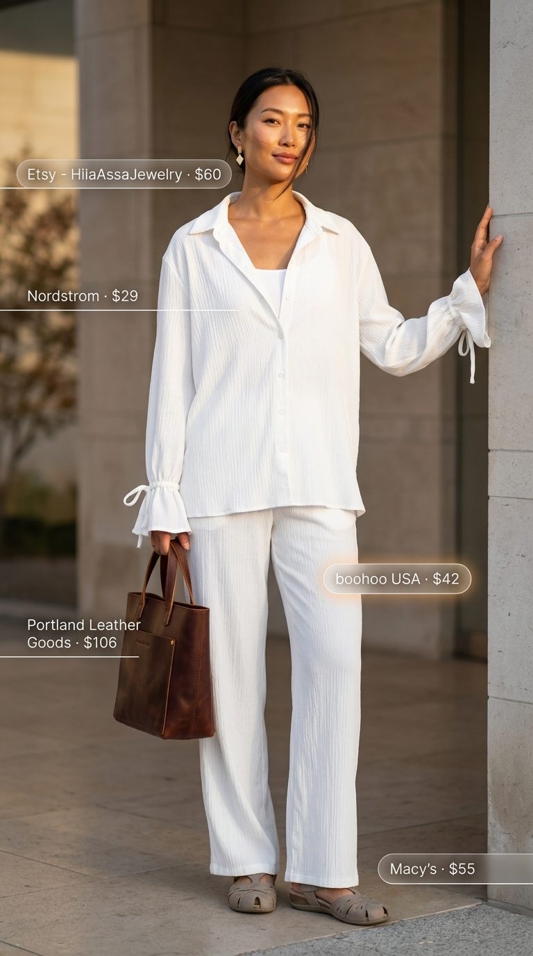 Sophisticated crisp white cotton poplin oversized shirt and wide-leg pants summer set outfits for women 2026.