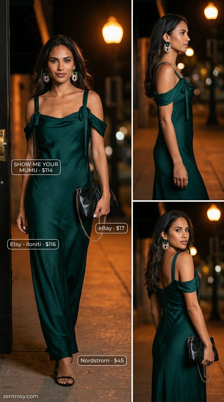 Luxurious emerald green satin cowl neck camisole and bias-cut maxi skirt summer set outfits for women 2026.