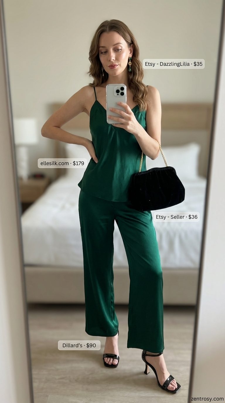 Emerald green satin matching set for women 2026, perfect for resort dinner or gala events. Glamorous evening outfit.