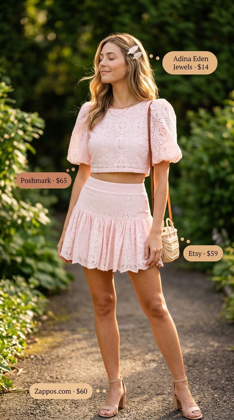 Sweet lavender cotton eyelet crop top and A-line mini skirt summer set outfits for women 2026.