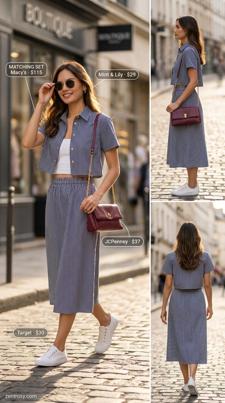 Navy and white stripe matching set for women, ideal for nautical casual lunches and daytime outings in 2026.