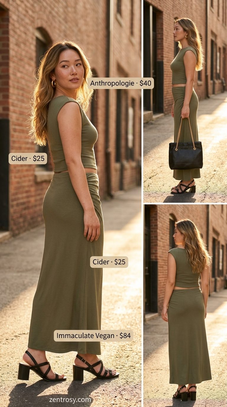 Chic olive green viscose knit tank top and midi skirt summer set outfits for women 2026.