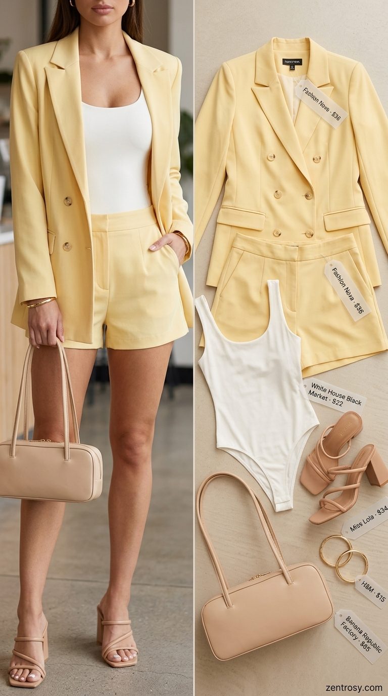 Elegant pastel yellow twill blazer and tailored shorts summer set outfits for women 2026.