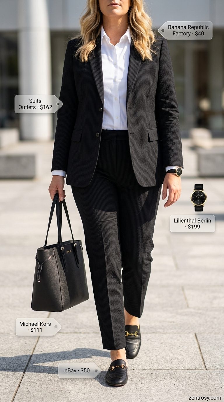 Black seersucker matching set for women, ideal for business casual and professional events in 2026.