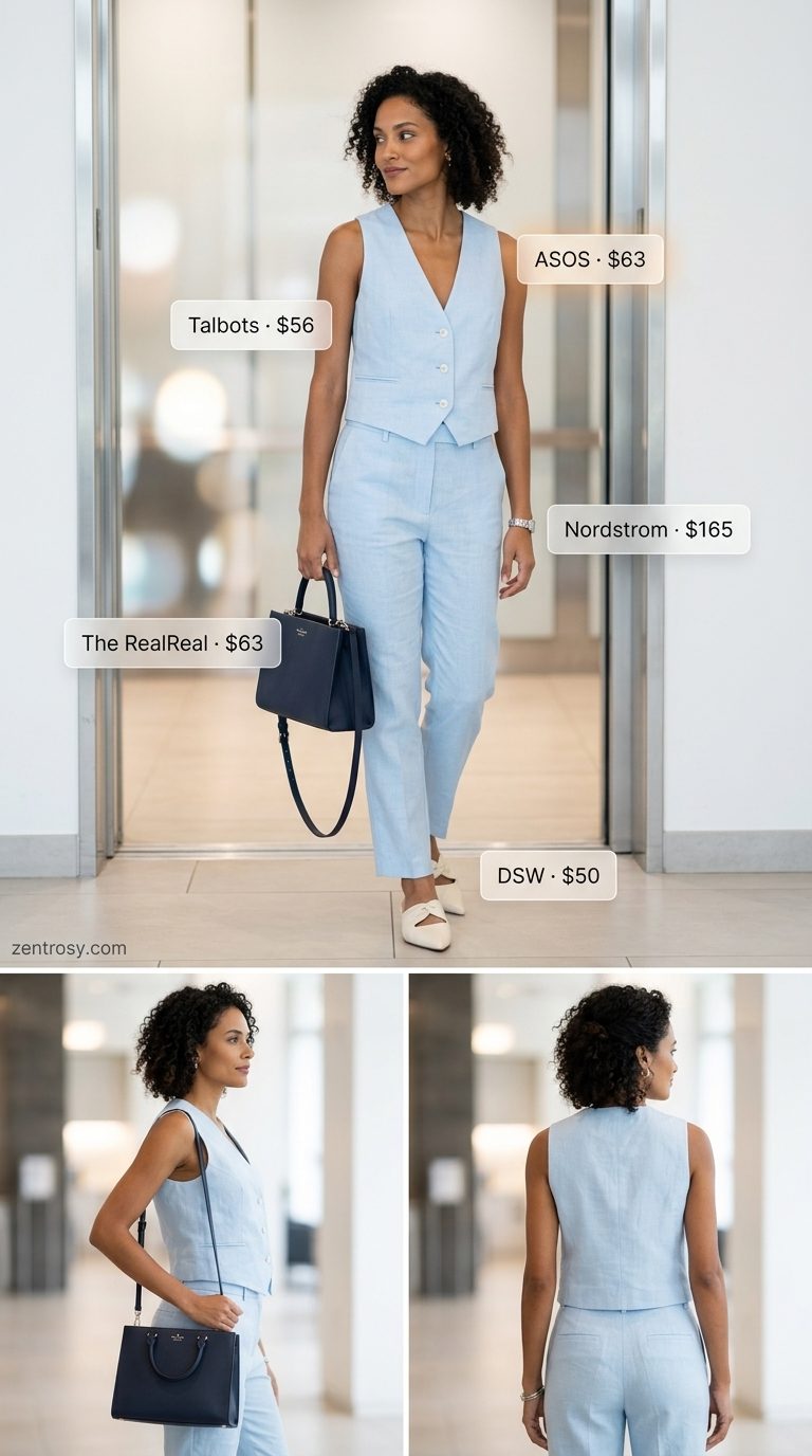 Polished light blue linen blend vest and Bermuda shorts summer set outfits for women 2026.