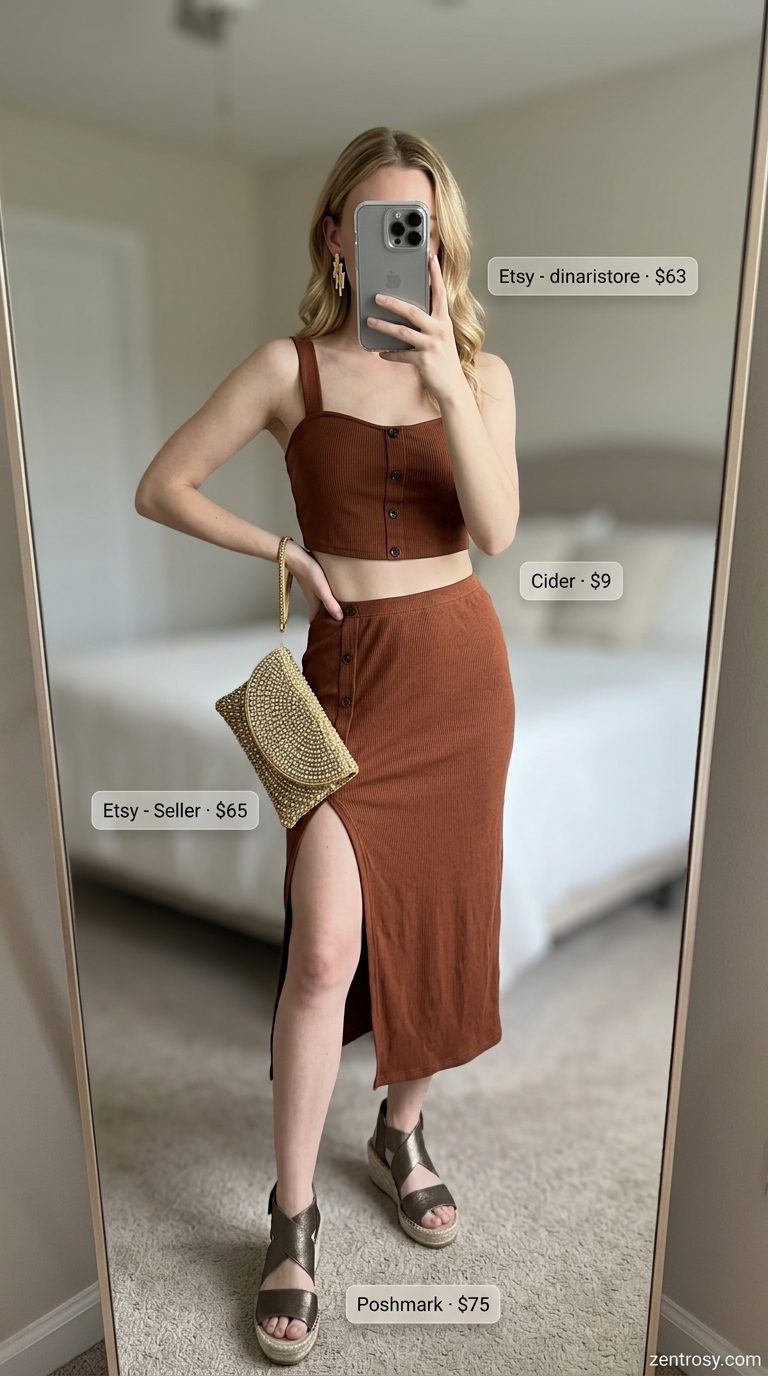 Terracotta viscose knit matching set for women 2026, perfect for dinner dates or summer parties. Chic and earthy outfit.
