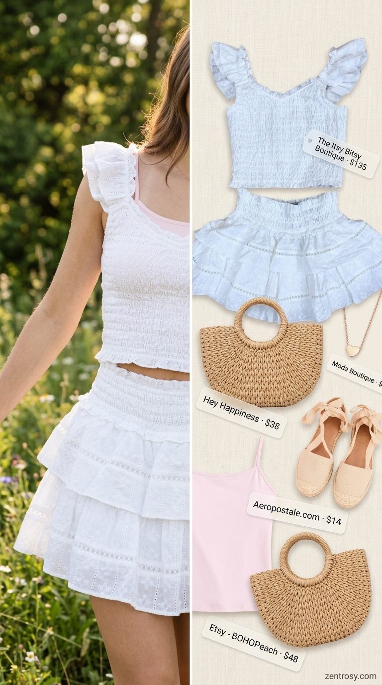 White eyelet lace matching set for women 2026, perfect for picnics or bridal showers. Charming and light outfit.