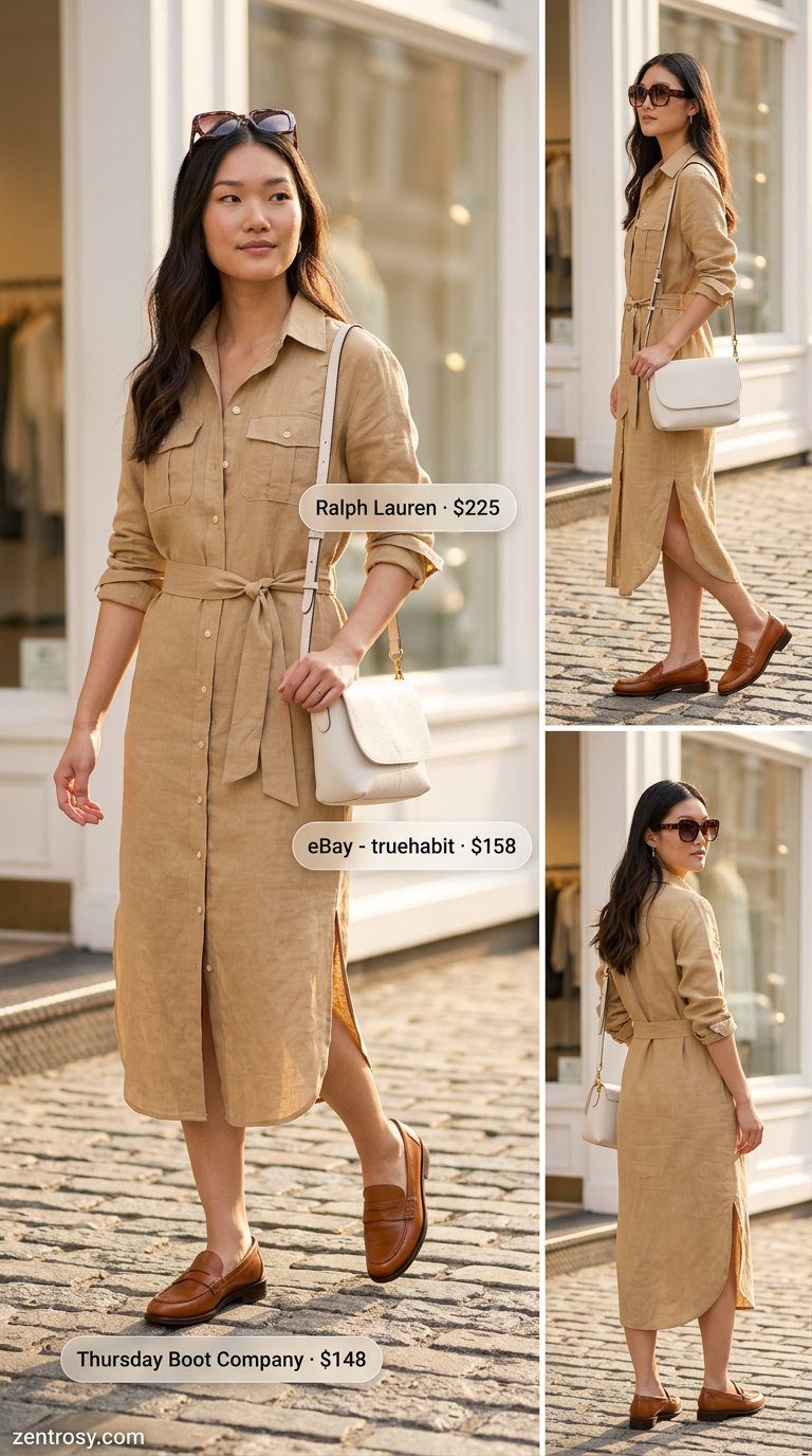 Weekend getaway shirt dress for women 2026 in beige linen, styled with loafers and crossbody bag.
