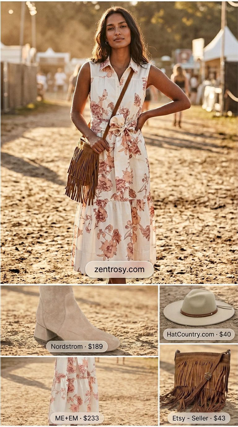 Boho maxi shirt dress for women 2026 in muted floral print, with hat and suede boots.
