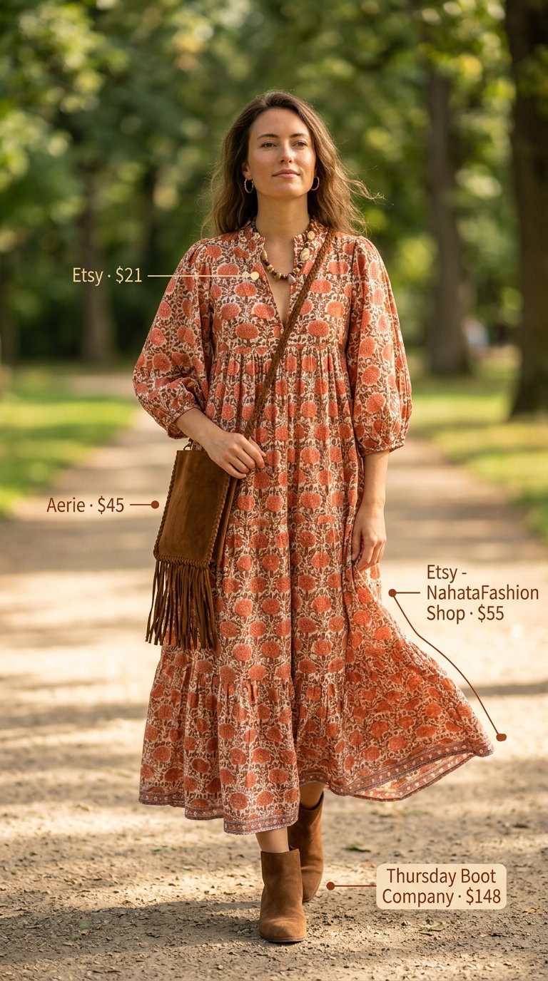 Boho rust orange maxi shirt dress for women 2026, paired with ankle boots and layered necklaces. Perfect for casual days.