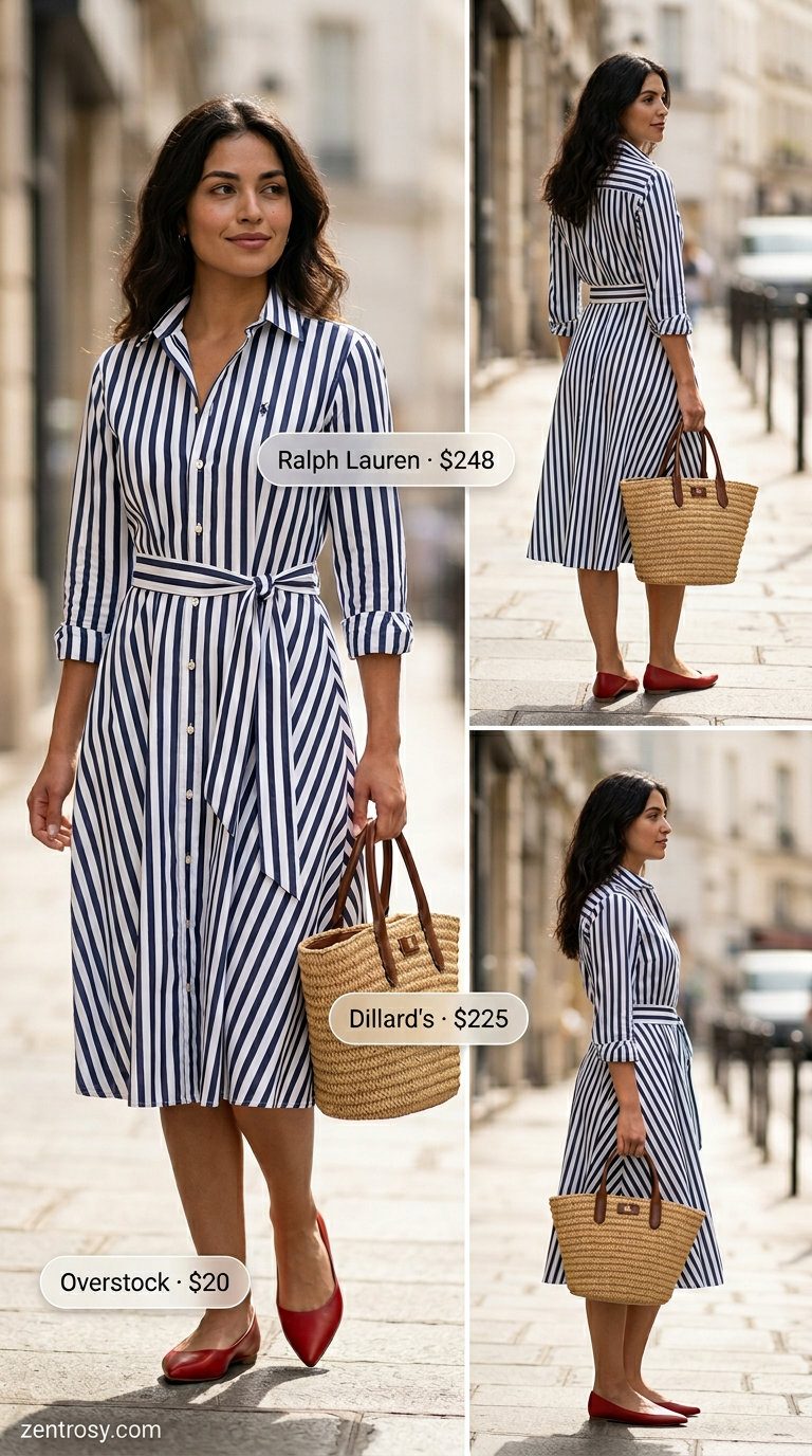 Navy and white stripe shirt dress for women 2026, styled with red flats and straw tote.