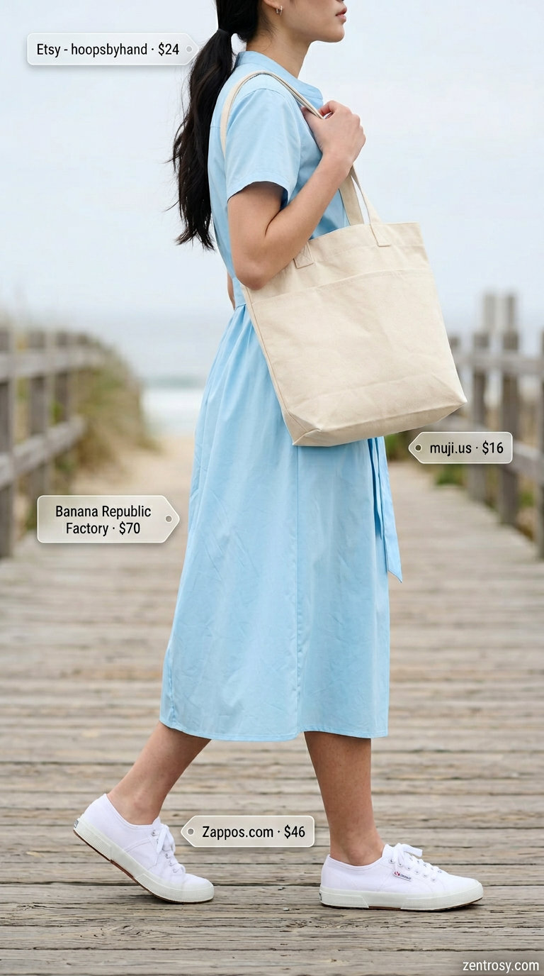 Light blue cotton poplin shirt dress for women 2026, styled with canvas sneakers and tote.