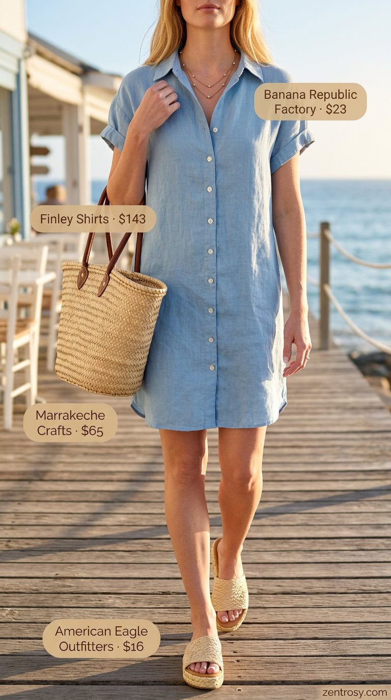Light blue linen shirt dress for women 2026, styled with espadrilles and straw tote.