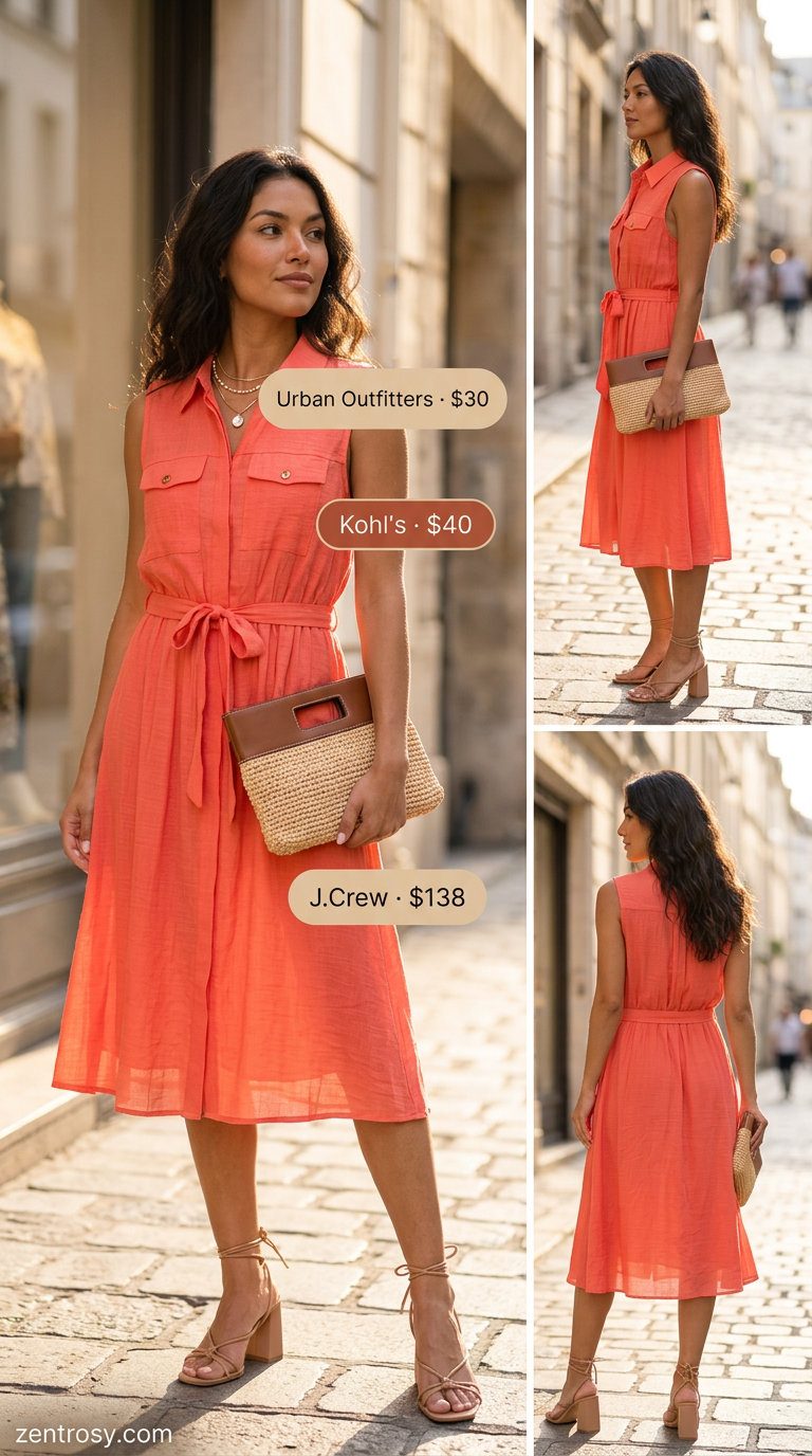 Sunset glow shirt dress for women 2026 in coral, perfect for evening summer dinners.