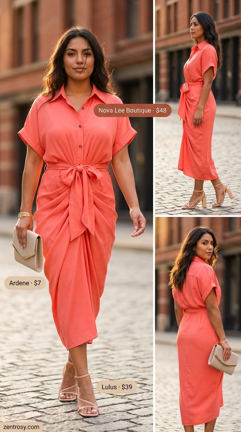 Vibrant coral shirt dress for women 2026, ideal for cocktail parties and summer evenings.