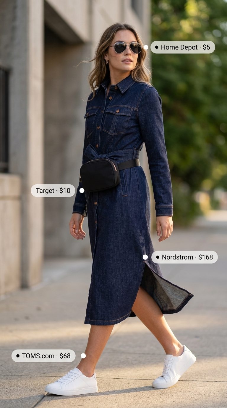 Effortless dark wash denim shirt dress for women 2026, styled with sneakers and a belt bag for weekend casual.