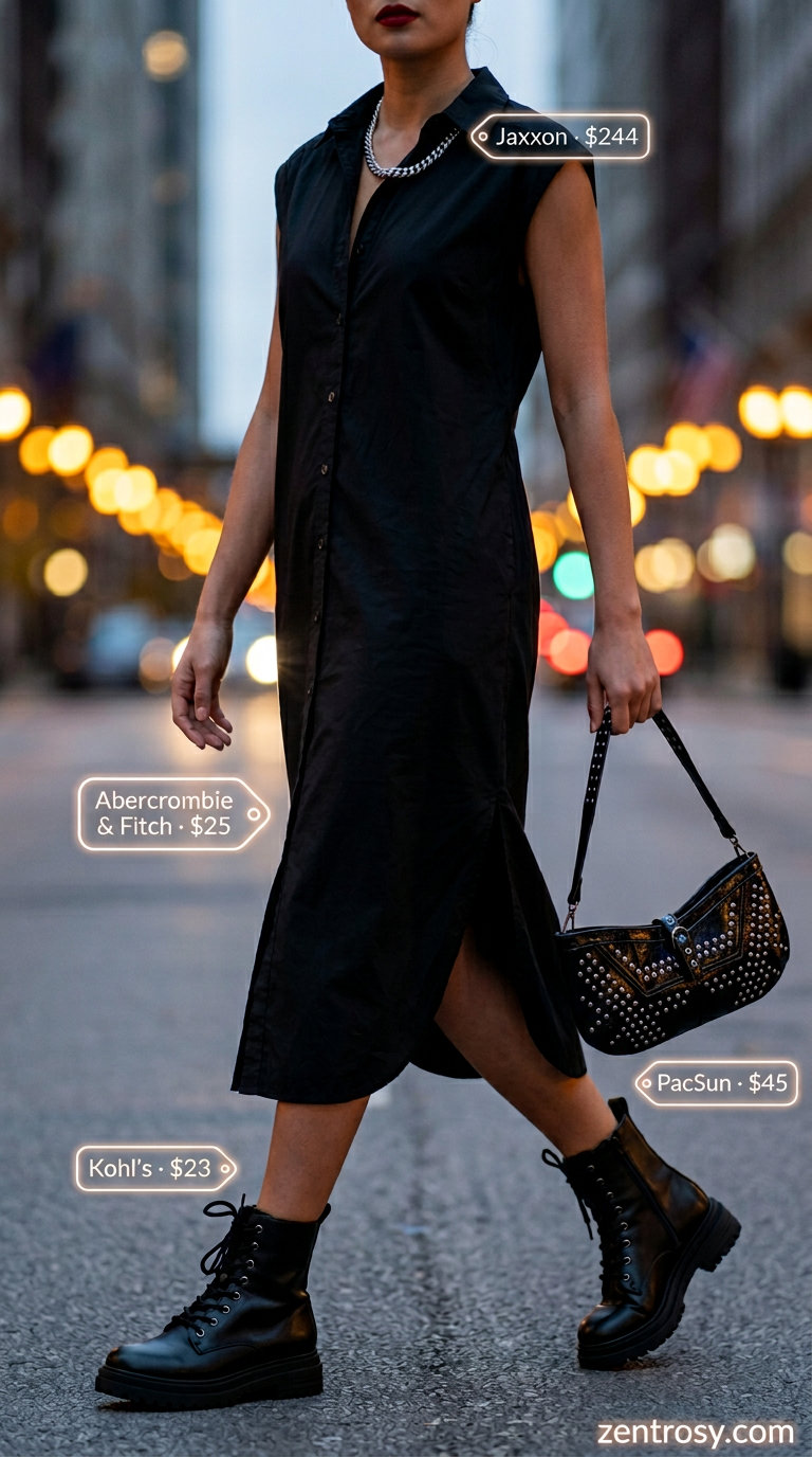 Edgy black midi shirt dress for women 2026, styled with combat boots and a studded bag for a cool night out.