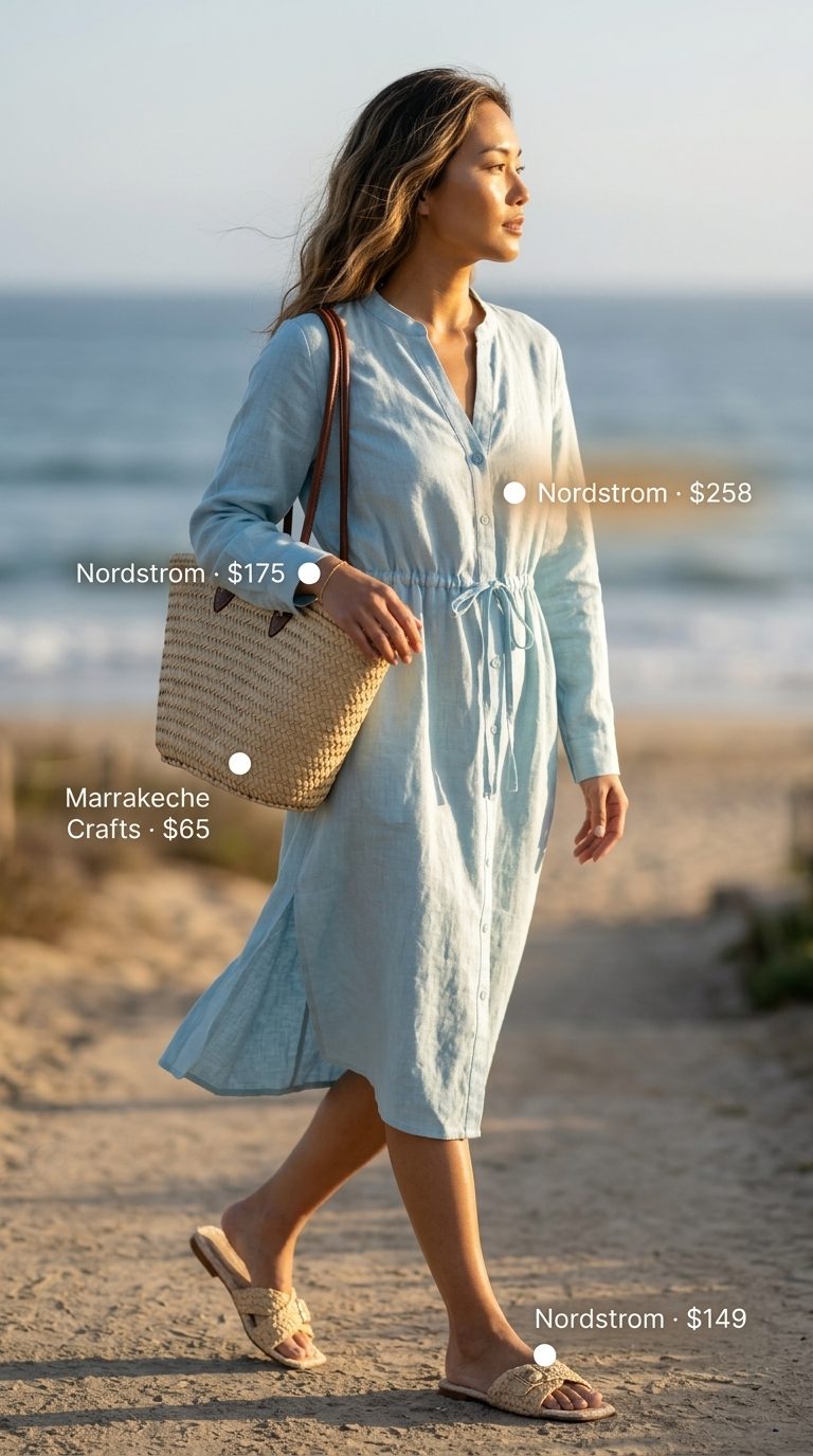 Coastal breeze sky blue linen shirt dress for women 2026, styled with flat sandals and a straw tote for beach day.