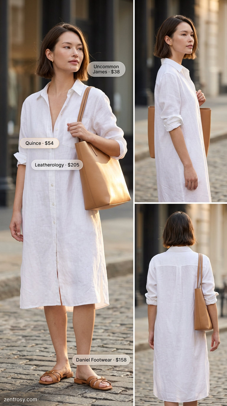 Minimalist white linen shirt dress for women 2026, styled with tan leather sandals and tote.