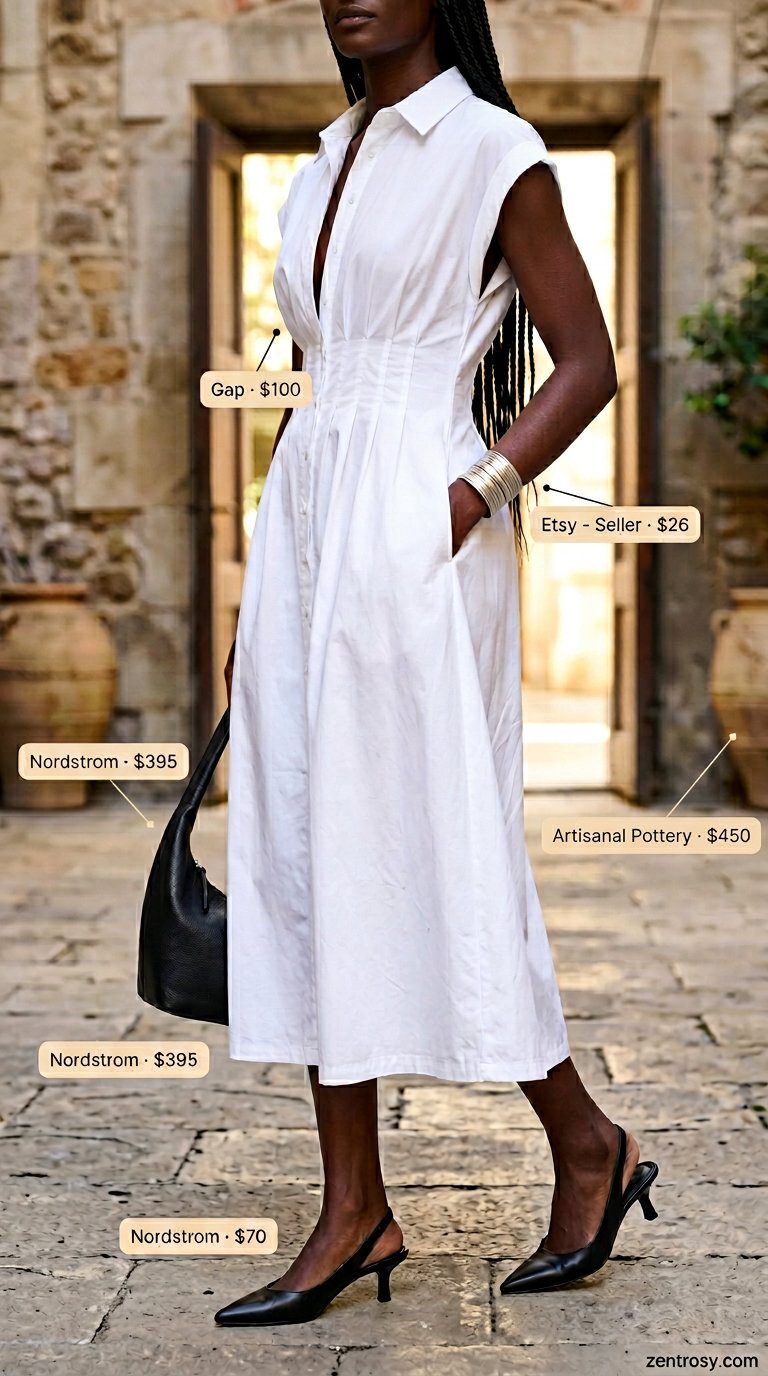 Modern minimalist white shirt dress for women 2026, paired with black heels and a shoulder bag for a chic look.