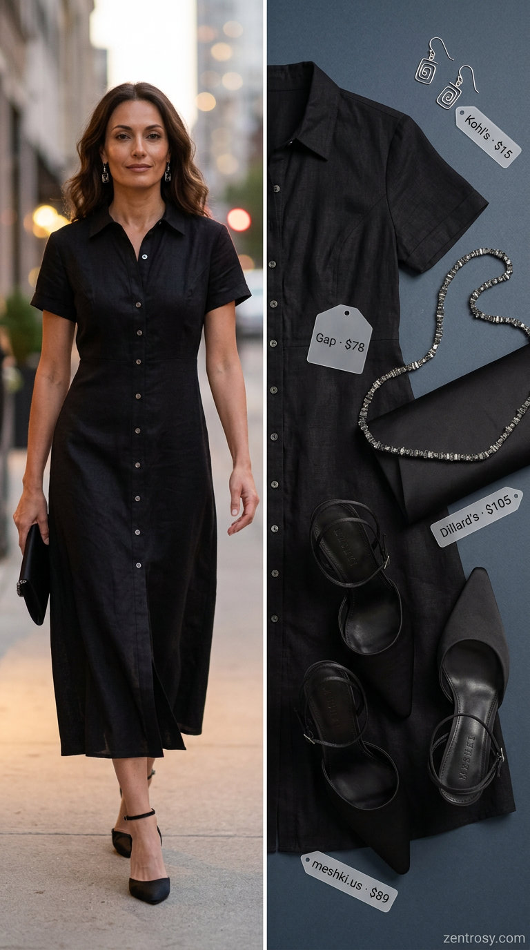 Monochrome minimalist shirt dress for women 2026 in black, perfect for evening events.