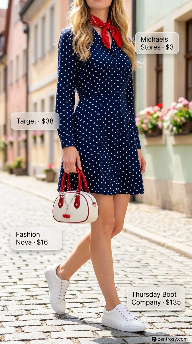 Playful polka dot shirt dress for women 2026, styled with sneakers and a top-handle bag for a casual day.