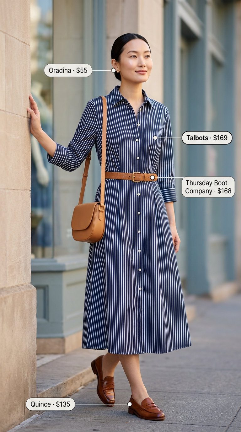 Preppy navy and white striped shirt dress for women 2026, paired with loafers and a crossbody bag for smart casual.