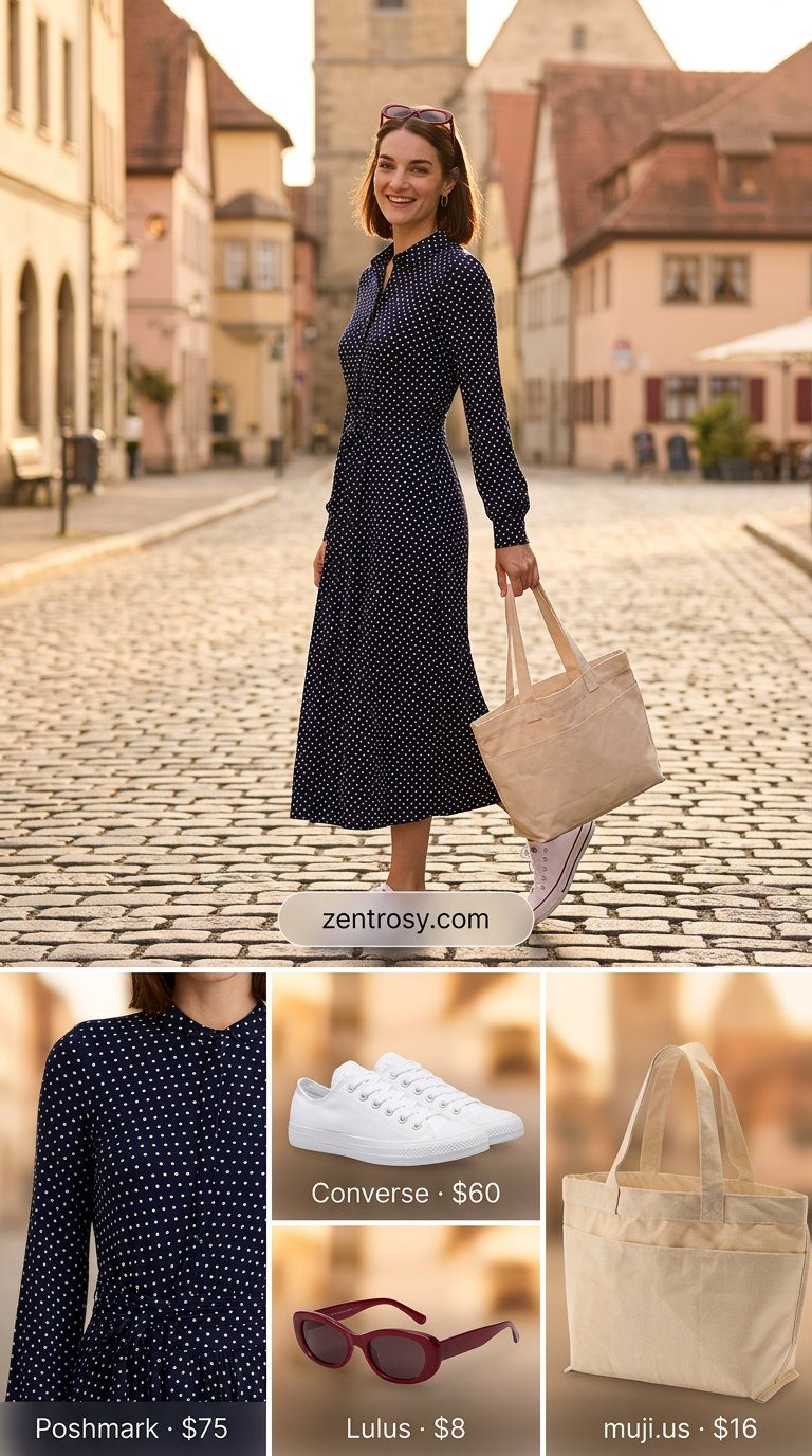 Retro polka dot shirt dress for women 2026 in navy and white, paired with sneakers and tote.